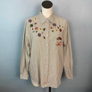 Vintage Karen Scott Autumn Harvest Embroidered Checkered Button Up Shirt Size L
